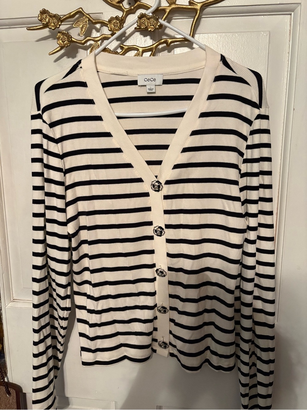 CeCe Cream and Black Striped Knit Top
